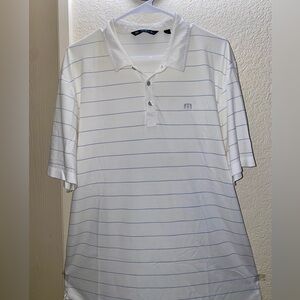 TravisMathew Polo Shirt XXL – White with Blue Pinstripes